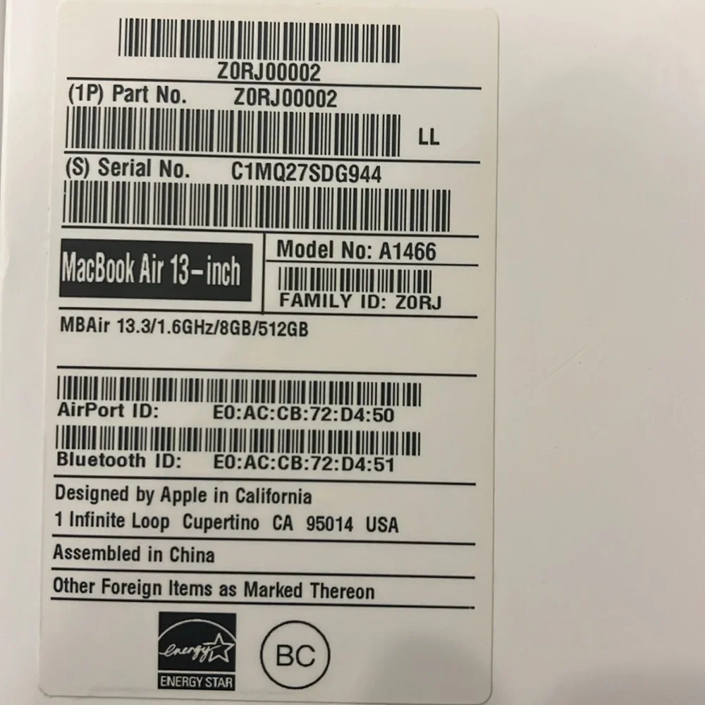 MacBook Air 13 Inch Laptop Computer For Parts Only - No Hard Drive -
